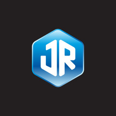 Initial letter JR, modern glossy hexagon logo, gradient blue color on black background	
 
