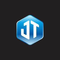 Initial letter JT, modern glossy hexagon logo, gradient blue color on black background	
 
