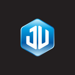 Initial letter JU, modern glossy hexagon logo, gradient blue color on black background	
 
