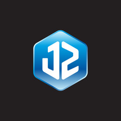 Initial letter JZ, modern glossy hexagon logo, gradient blue color on black background	
 
