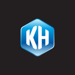 Initial letter KH, modern glossy hexagon logo, gradient blue color on black background	
 
