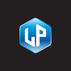 Initial letter LP, modern glossy hexagon logo, gradient blue color on black background	
 
