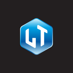 Initial letter LT, modern glossy hexagon logo, gradient blue color on black background	
 
