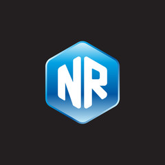 Initial letter NR, modern glossy hexagon logo, gradient blue color on black background	
 
