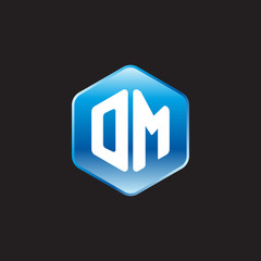 Initial letter OM, modern glossy hexagon logo, gradient blue color on black background	
 
