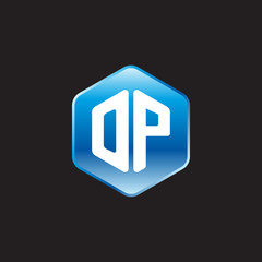 Initial letter OP, modern glossy hexagon logo, gradient blue color on black background	
 
