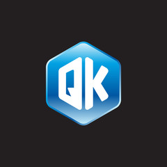 Initial letter QK, modern glossy hexagon logo, gradient blue color on black background	
 
