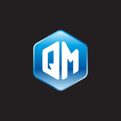 Initial letter QM, modern glossy hexagon logo, gradient blue color on black background	
 
