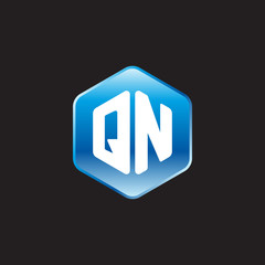 Initial letter QN, modern glossy hexagon logo, gradient blue color on black background	
 
