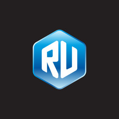 Initial letter RU, modern glossy hexagon logo, gradient blue color on black background	
 
