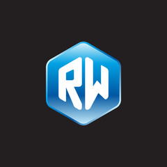 Initial letter RW, modern glossy hexagon logo, gradient blue color on black background	
 
