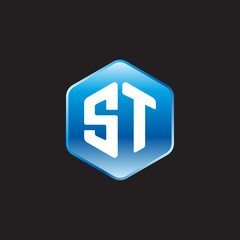 Initial letter ST, modern glossy hexagon logo, gradient blue color on black background	
 
