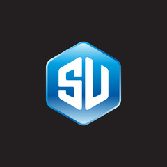 Initial letter SU, modern glossy hexagon logo, gradient blue color on black background	
 
