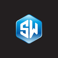 Initial letter SW, modern glossy hexagon logo, gradient blue color on black background	
 
