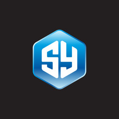 Initial letter SY, modern glossy hexagon logo, gradient blue color on black background	
 
