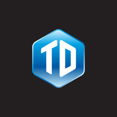 Initial letter TD, modern glossy hexagon logo, gradient blue color on black background	
 
