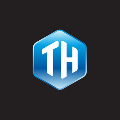 Initial letter TH, modern glossy hexagon logo, gradient blue color on black background	
 
