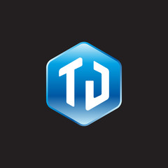 Initial letter TJ, modern glossy hexagon logo, gradient blue color on black background	
 
