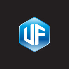 Initial letter UF, modern glossy hexagon logo, gradient blue color on black background	
 
