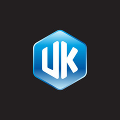 Initial letter UK, modern glossy hexagon logo, gradient blue color on black background	
 
