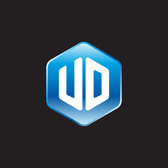 Initial letter UO, modern glossy hexagon logo, gradient blue color on black background	
 
