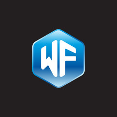Initial letter WF, modern glossy hexagon logo, gradient blue color on black background	
 
