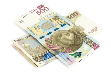 Obraz na płótnie Canvas Heap of 500 pln banknotes on white background