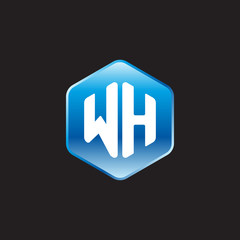 Initial letter WH, modern glossy hexagon logo, gradient blue color on black background	
 
