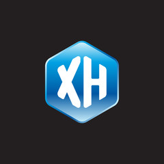 Initial letter XH, modern glossy hexagon logo, gradient blue color on black background	
 
