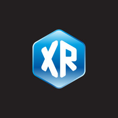 Initial letter XR, modern glossy hexagon logo, gradient blue color on black background	
 
