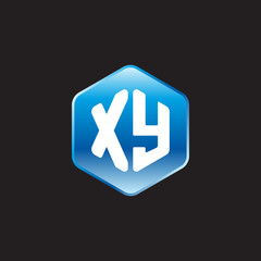 Initial letter XY, modern glossy hexagon logo, gradient blue color on black background	
 
