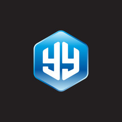 Initial letter YY, modern glossy hexagon logo, gradient blue color on black background	
 
