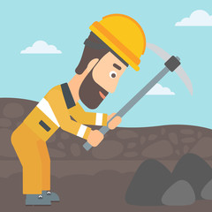A hipster man with the beard working with a pickaxe on the background of coal mine vector flat design illustration. Square layout.