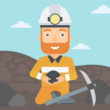 A hipster man sitting with coal in hands and a pickaxe on the background of coal mine vector flat design illustration. Square layout.