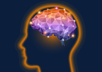 Illustration of a silhouette human head with orange glow and polygonal brain