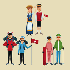 color background of set tourist and traditional people switzerland vector illustration
