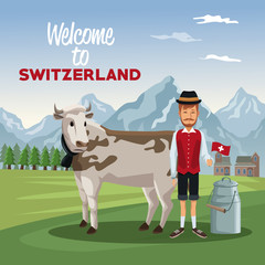 mountain landscape valley poster with traditional man with cow animal and metal jars with milk and text welcome to switzerland vector illustration