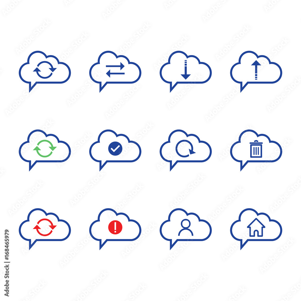 Poster cloud computing icons set with blue thin line. includes such as data synchronization, transfer, acce