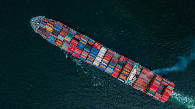 Aerial View From Drone, Container Ship In Import Export And Business Logistic.