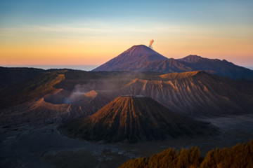 blur Bromo, Semeru, and Batok volcano mountain in a morning, East Java, Indonesia, Asia