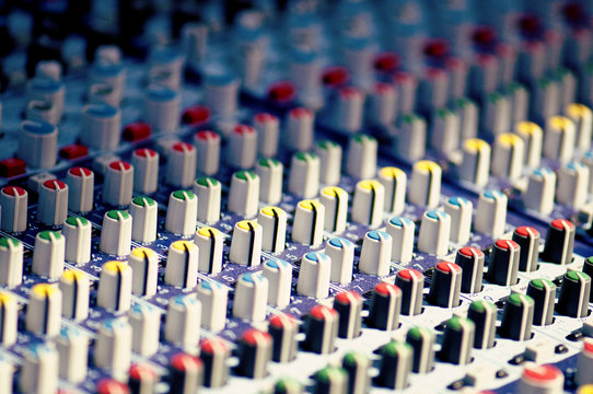 Closeup of colorful audio mixer