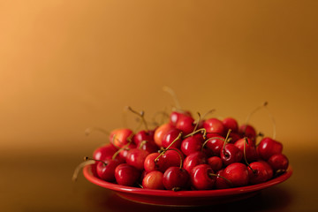 Cherries on a red plate on a gold background.