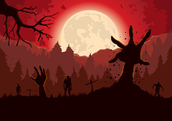 Silhouette Zombie arm reaching out from ground of grave in a full moon night and red sky.