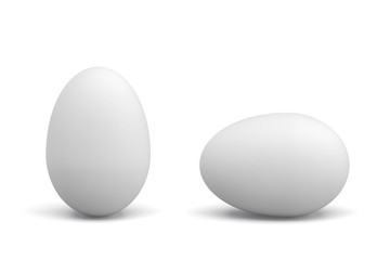 3d rendering of one lying and one standing white chicken eggs on white background.