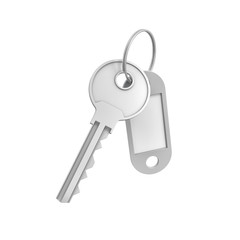 3d rendering of a single silver key with label isolated on white background