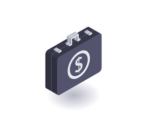 Suitcase with money icon, vector symbol in flat isometric 3D style isolated on white background.