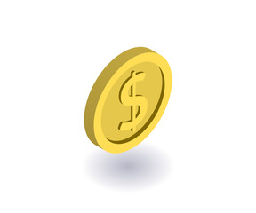 Coin icon, vector symbol in flat isometric 3D style isolated on white background.