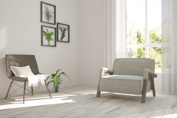 White room with armchair and green landscape in window. Scandinavian interior design. 3D illustration