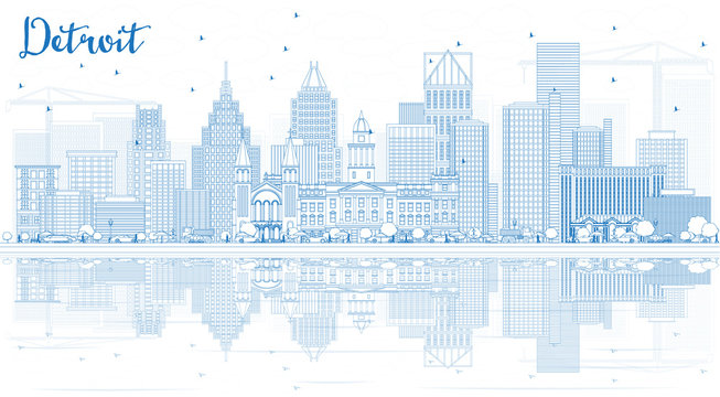 Outline Detroit Skyline with Blue Buildings and Reflections.