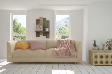 Idea of white room with sofa and summer landscape in window. Scandinavian interior design. 3D illustration